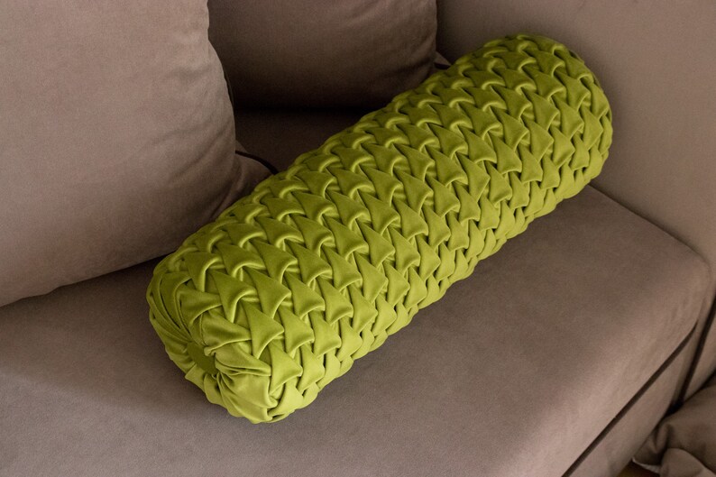 Green decorative bolster pillow round velvet smocked bolster Etsy