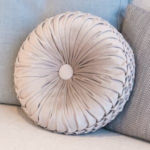 Round premium cushion Decorative pillow Birthday gift for her or for him Light gray handmade smocking velvet cushion 33x33cm image 1