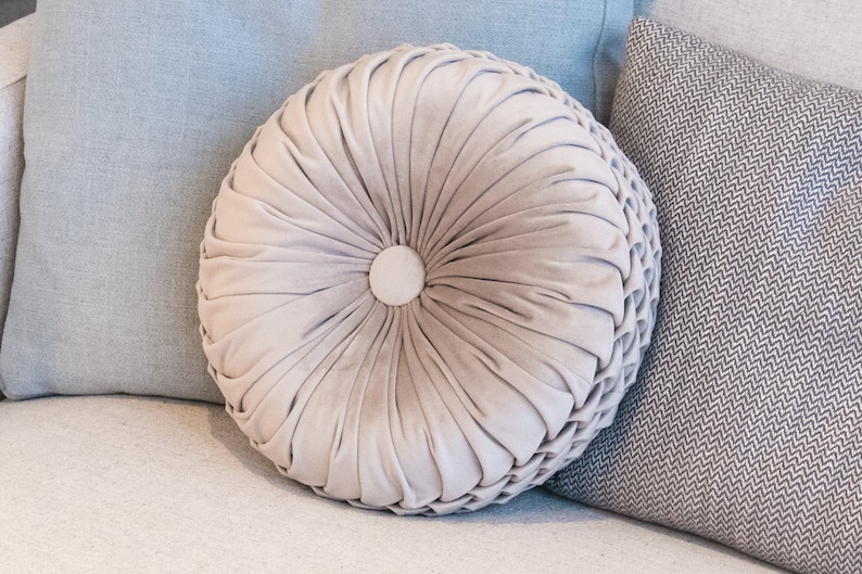 Round premium cushion Decorative pillow Birthday gift for her or for him Light gray handmade smocking velvet cushion 33x33cm image 1