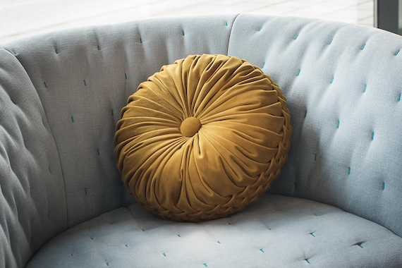 Round Premium Cushion Decorative Pillow Yellow Handmade Etsy