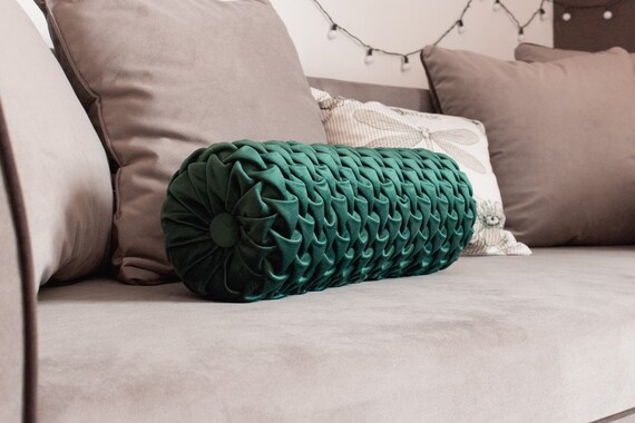 Decorative Bolster Pillow Dark Emerald Green Round Velvet Etsy