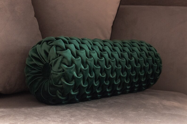 Decorative bolster pillow dark emerald green round velvet Etsy