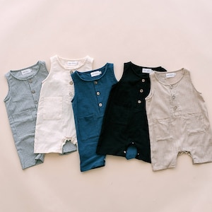 Linen Baby Romper – Sleeveless Summer Outfit for Babies and Toddlers – Neutral Cropped Baby Clothes for Photos & Play (Oatmeal, Navy, Sage)