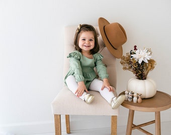 Linen Flutter Sleeve Romper by Babe Basics // Sage // Baby Girl Green Romper for Newborns, Infants, and Toddlers // Linen Baby Romper