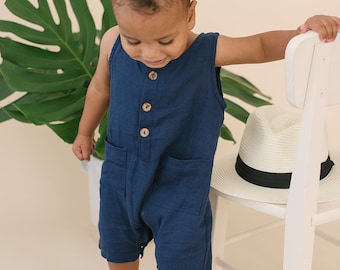 Babe Basics Linen Baby Romper | Navy Crop | Blue Summer Baby Boy Romper | Summer Photoshoot Outfit