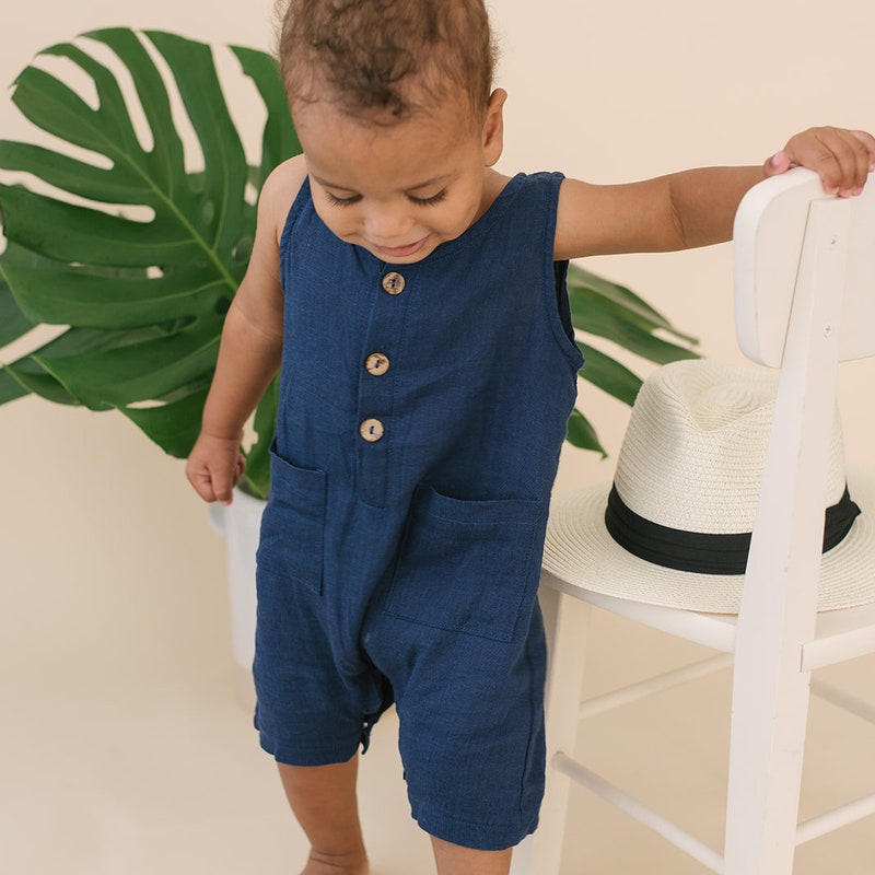 cotton linen baby romper navy main image 0