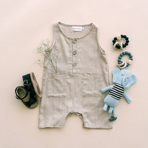 Babe Basics Oatmeal Cropped Linen Baby Romper Baby Boy Etsy
