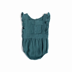 May include: A teal blue baby onesie with ruffled straps and a gathered skirt. The onesie has a button closure at the back.