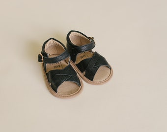 Black Baby Sandals | Genuine Leather Infant Shoes | Soft Sole Baby Shoes for Boys or Girls | Summer Baby Sandals | Babe Basics