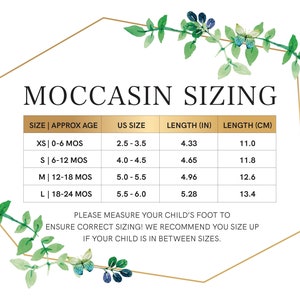 May include: A chart showing moccasin sizing for babies and toddlers. The chart shows the size, approximate age, US size, length in inches, and length in centimetres.