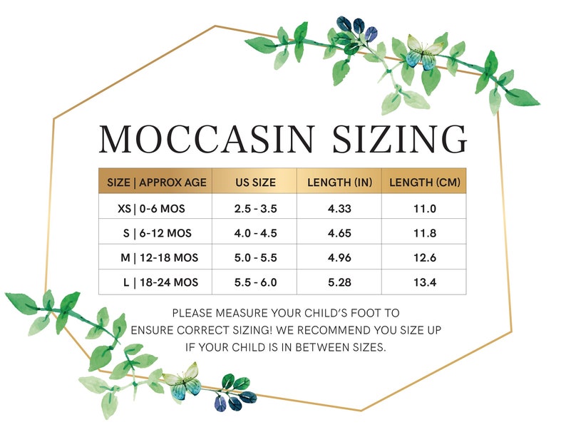 May include: A chart showing moccasin sizing for babies and toddlers. The chart shows the size, approximate age, US size, length in inches, and length in centimetres.