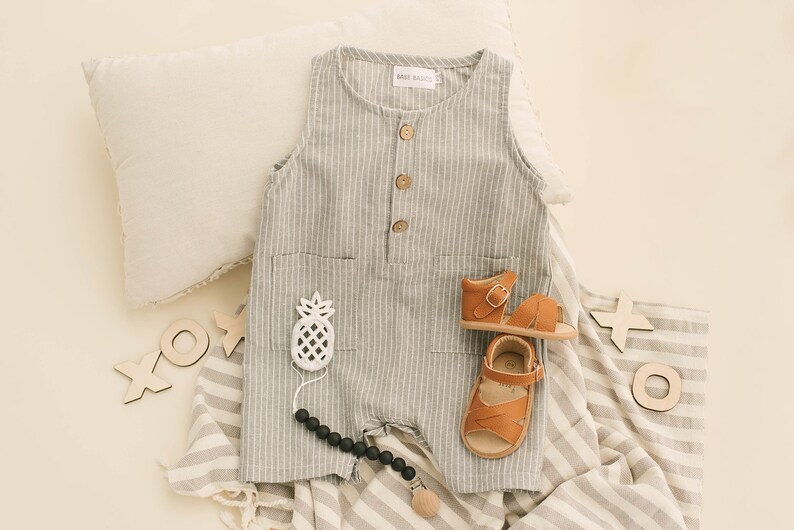 Babe Basics Linen Baby Romper Grey & White Striped Crop Etsy