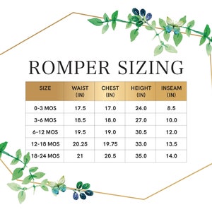 May include: A chart showing romper sizing for babies in months. The chart includes measurements for waist, chest, height, and inseam in inches.