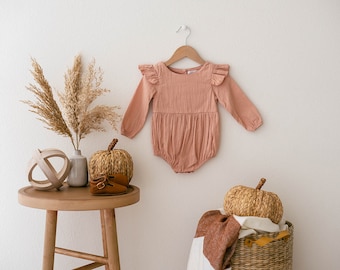 Linen Flutter Sleeve Romper by Babe Basics // Blush // Baby Girl Pink Romper for Newborns, Infants, and Toddlers // Spring Photoshoot Outfit