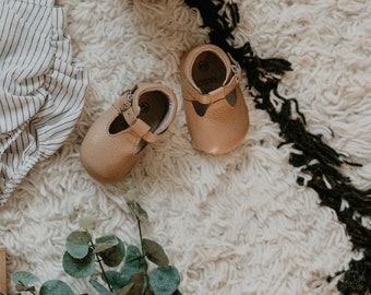 Tan Baby Mary Janes // Babe Basics T-Bar Shoe // Genuine Leather Moccasins with T-Strap for Babies and Toddlers // Fall Baby Shoes