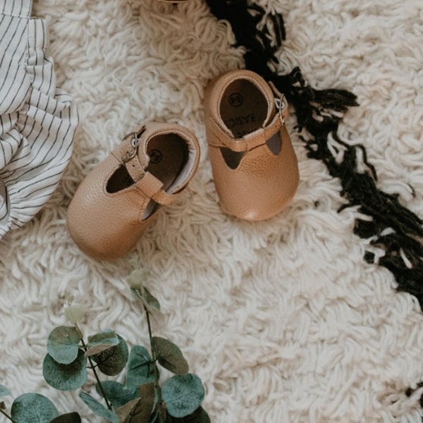 Tan Baby Mary Janes // Babe Basics T-Bar Shoe // Genuine Leather Moccasins with T-Strap for Babies and Toddlers // Spring Baby Shoes