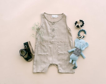 Linen Baby Romper | Oatmeal Cropped Baby Girl Outfit | Soft Summer Infant Romper | Minimalist Baby Clothes | Babe Basics