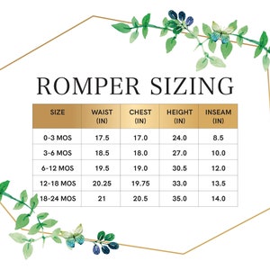 May include: A chart showing romper sizing for babies and toddlers. The chart includes size, waist, chest, height, and inseam measurements in inches.