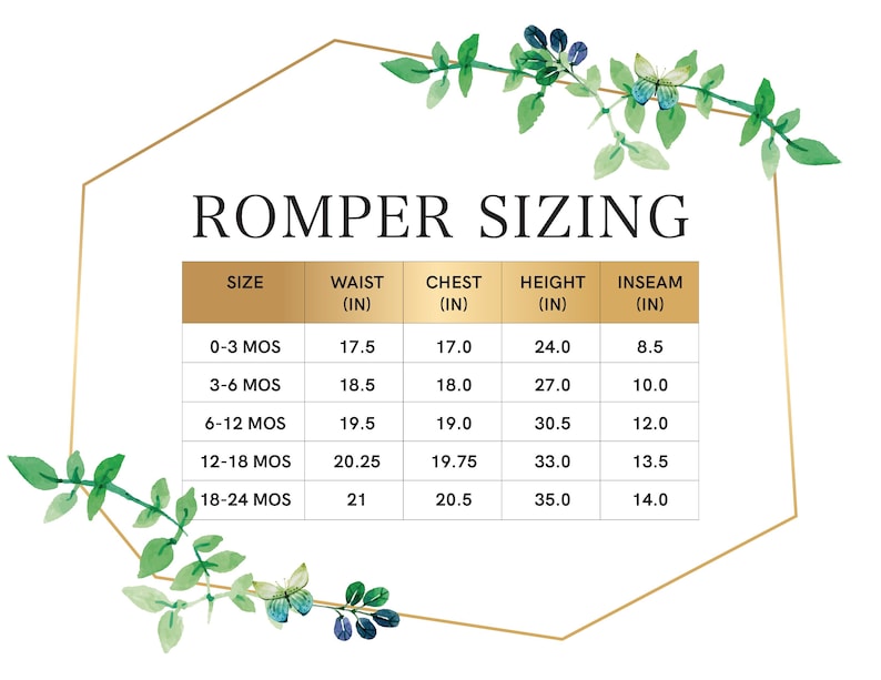 May include: A chart showing romper sizing for babies and toddlers. The chart includes size, waist, chest, height, and inseam measurements in inches.