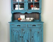 SOLD Farmhouse distressed Hutch Blue China Cabinet Coffee Station