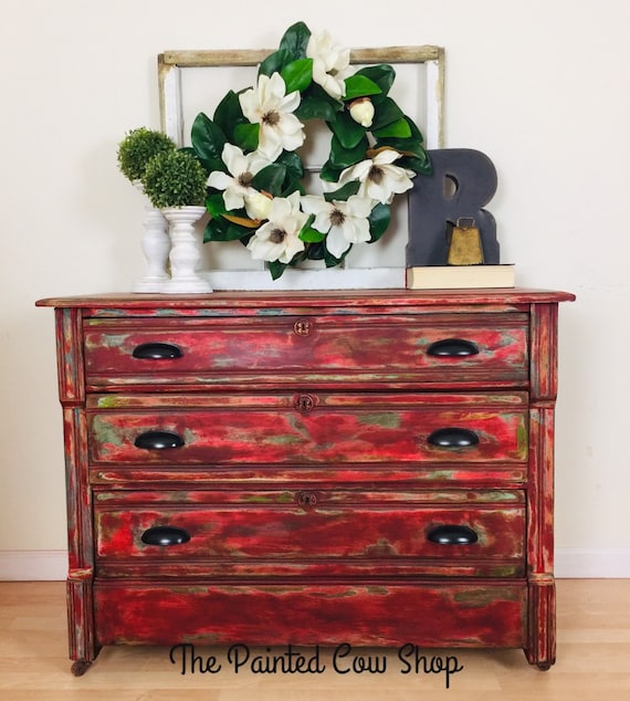Antique Red Farmhouse Dresser Vintage Chest Of Drawers Etsy