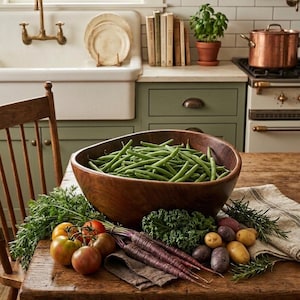 May include: A wooden bowl filled with green beans sits on a rustic wooden table, surrounded by fresh produce. Tomatoes, purple carrots, potatoes, and kale are arranged around the bowl, suggesting a farm-to-table theme. A linen cloth and herbs complete the display.