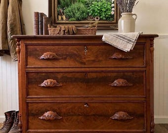 Antique Chest of Drawers, Eastlake Dresser with carved handles, Shipping Not Included, Victorian Furniture