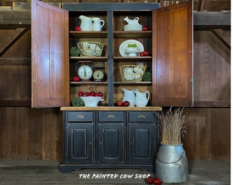 Available: Black stepback hutch, vintage stepback cabinet, Shipping not included, 2 piece China  Cabinet