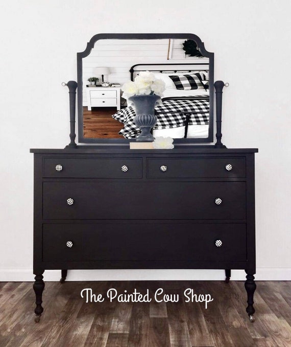 Farmhouse Vintage Black Dresser With Mirror Vintage Three Etsy