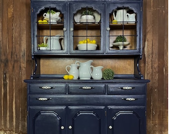 SOLD Dark Navy-Blue China cabinet, farmhouse style China cabinet, China cabinet with glass doors, shipping not included.