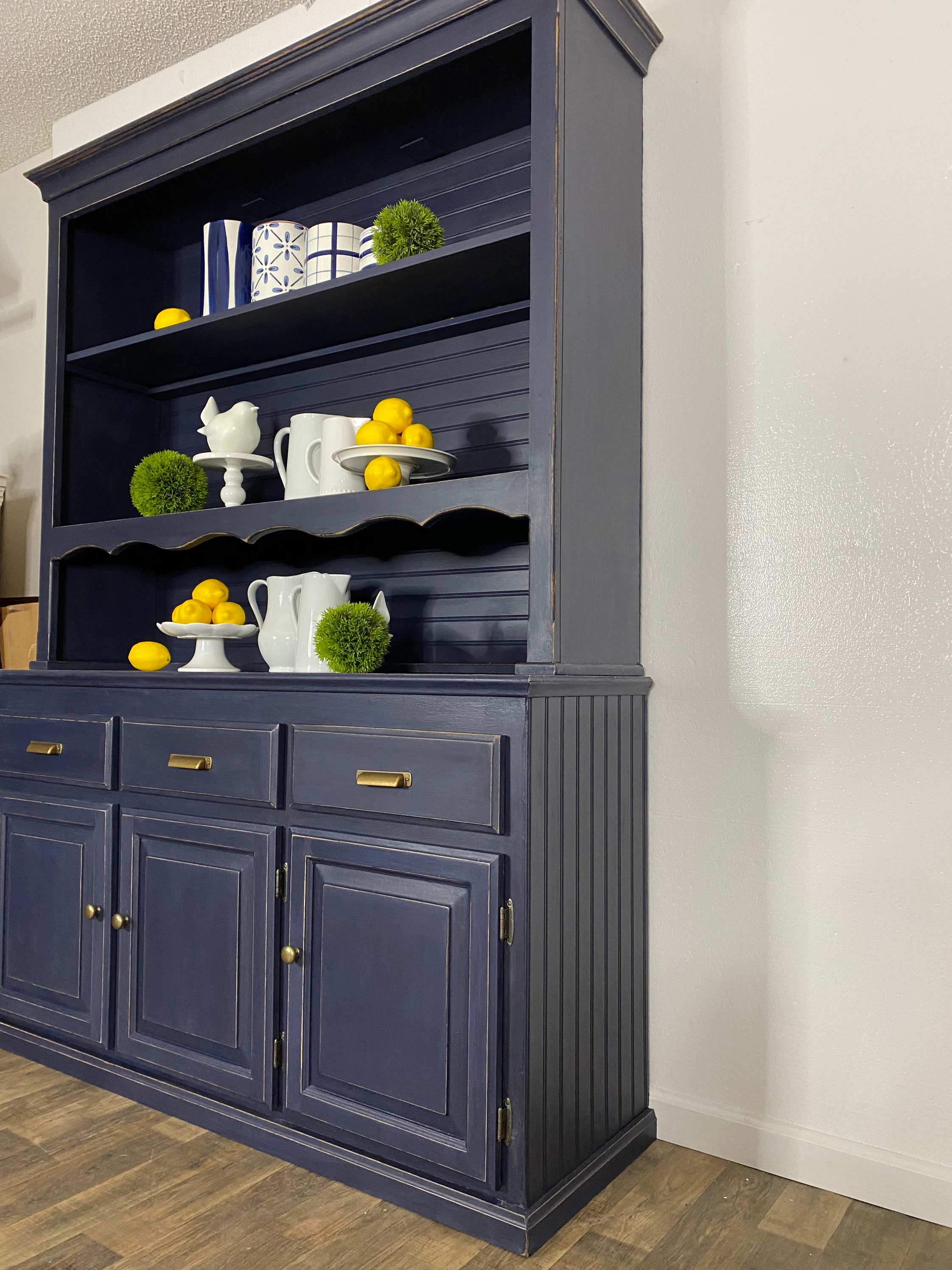 Navy Blue China Cabinet Open Shelves Hutch Farmhouse Style - Etsy