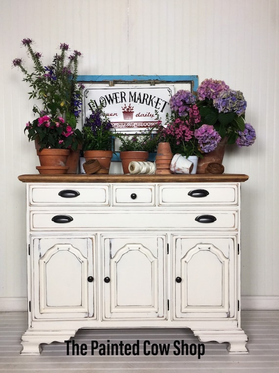 Farmhouse Distressed Buffet Sideboard White Hutch Coffee Hutch