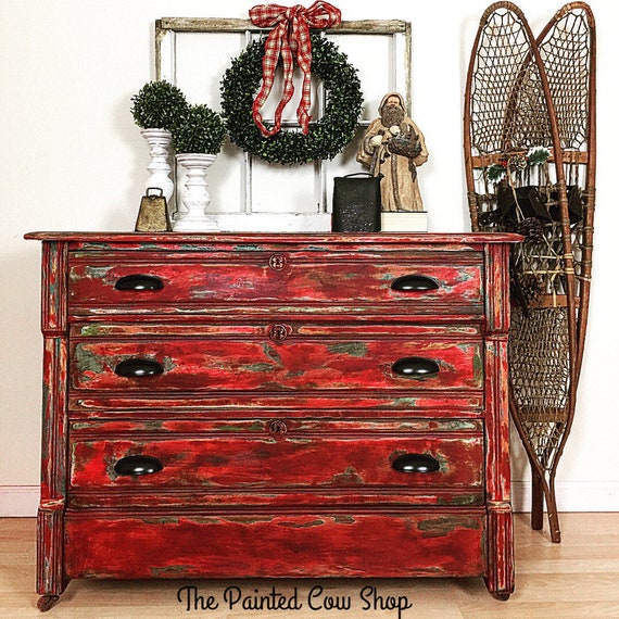 Antique Red Farmhouse Dresser Vintage Chest Of Drawers Etsy