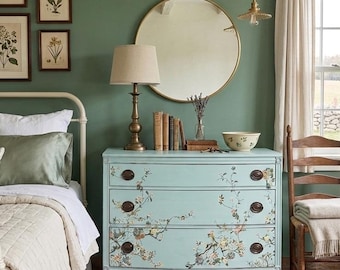 Light Blue Dresser with floral design , Vintage Chest of Drawers ,  Shipping is not included, serpentine front Federal Rivival design