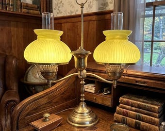 Antique Brass double student lamp with yellow milk glass shades, desk lamp, vintage table lamp