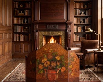 Antiek handgeschilderd haardscherm, decoratief kamerscherm met drie panelen en bloemmotief