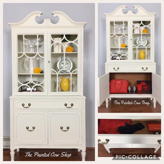 China Cabinet With Glass Doors Vintage Hutch Distressed Furniture Bookcase