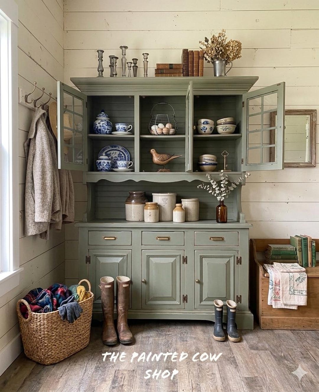 Green China Cabinet, Farmhouse Style China Cabinet, China Cabinet