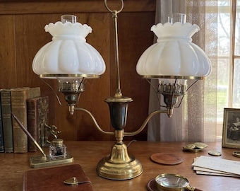 Antique Brass double student lamp with milk glass shades, desk lamp, vintage table lamp