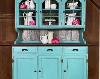 SOLD Blue China cabinet, farmhouse style China cabinet, Shipping Not Included, distressed China cabinet.