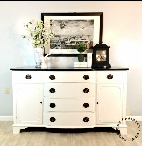Vintage White Buffet Sideboard Black And White Duncan Phyfe Etsy