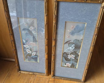 Zwei Originalaquarelle aus Seide gerahmt in Bambusflamingo und Egrit