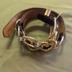 Brighton Vintage 1995 Brown Croc Embossed Leather Belt Gold Heart Charm M 45107 Brighton 1995 Vintage Belt Brown Leather Croc | Mercari main image 4