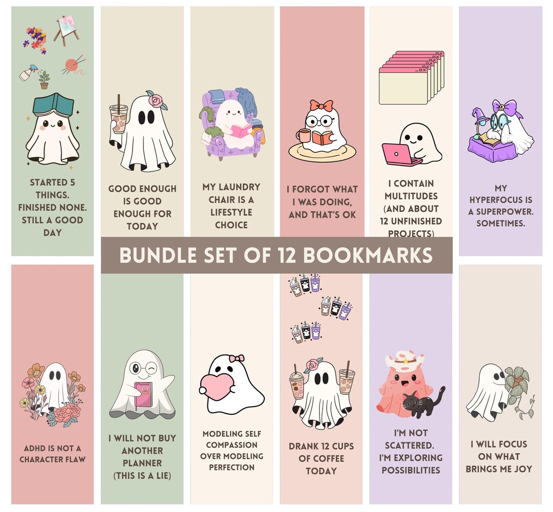 ADHD Bookmark Set of 12, Funny Neurodivergent Printable, Cute Kawaii ...