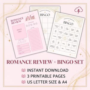 Puede incluir: Un conjunto de reseñas de romance y bingo con tres páginas imprimibles. Una página es una hoja de revisión rosa con campos para título, autor, tropo, número de páginas y nivel de picante. Dos páginas son tarjetas de bingo con temas de lectura.
