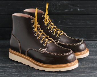 Classic Moc Toe Brown Leather Mens Boots for Work Custom Made by WolfAndBeard - #SamuraiMocToe