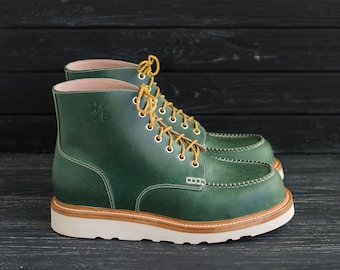 Classic Moc Toe Green Mens Women's Boots Lace up Leather