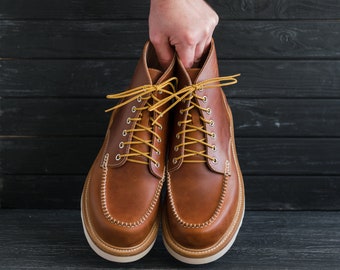 Botas clásicas de cuero marrón con puntera de mocasín para hombre y mujer, hechas a mano - #SamuraiMocToe de WolfAndBeard