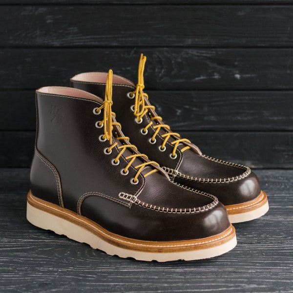 Classic Moc Toe Brown Leather Mens Boots for Work Custom Made by WolfAndBeard - #SamuraiMocToe