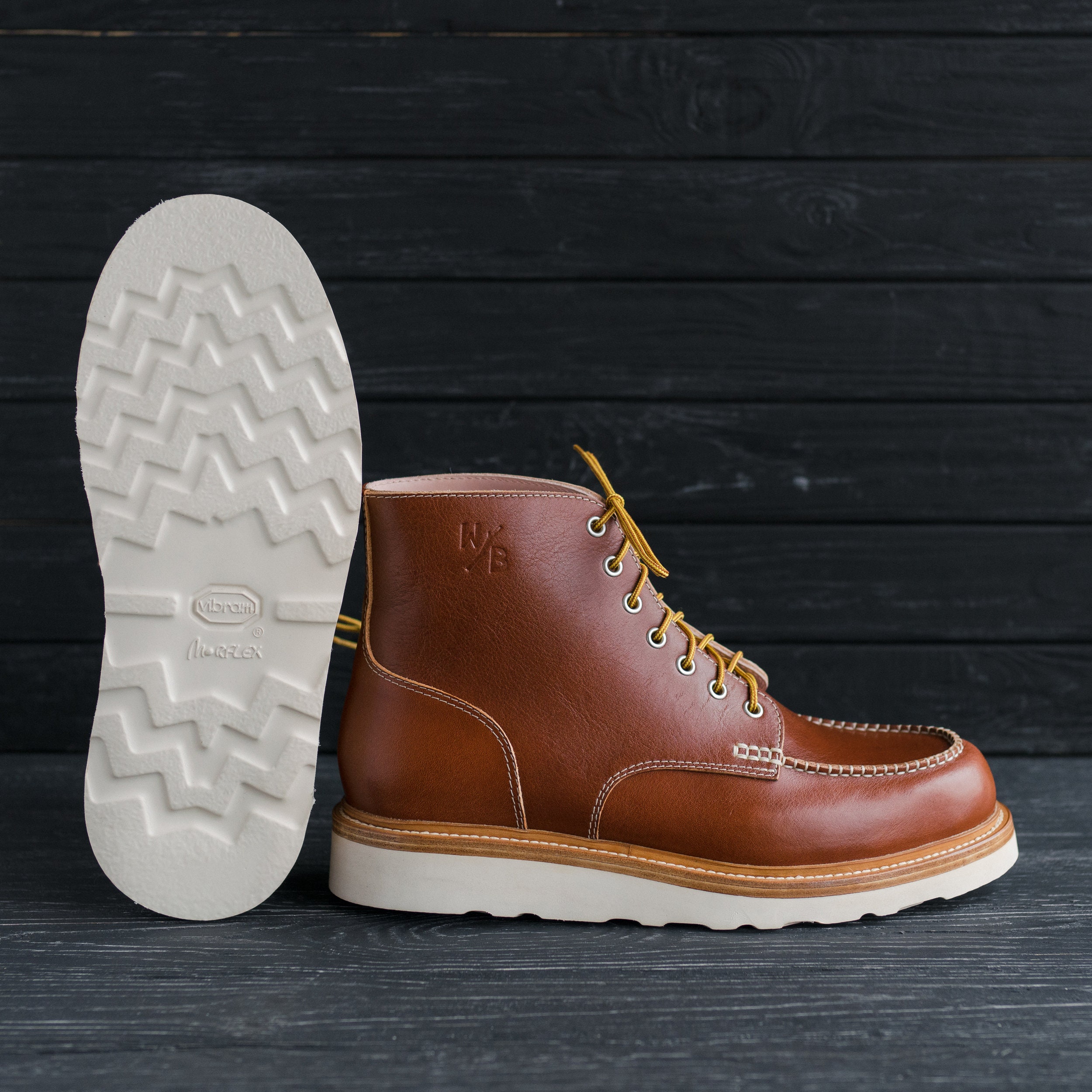 Classic Moc Toe Cognac Brown Mens Leather Boots Handmade Lace up